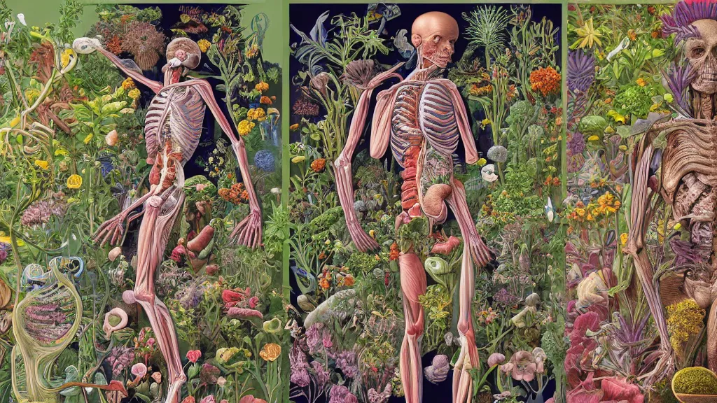 Image similar to highly detailed illustration of a human anatomy body with all the known species of plants and flowers by juan gatti, by moebius!, by oliver vernon, by joseph moncada, by damon soule, by manabu ikeda, by kyle hotz, by dan mumford, by kilian eng