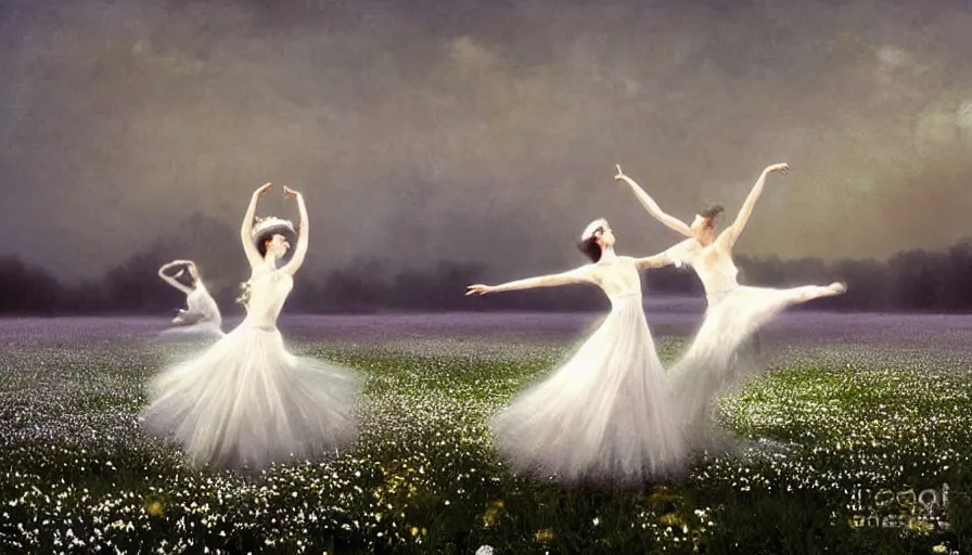 Prompt: dancers in white dancing across a flower meadow the moonlit dance of the fae by wojciech siudmak and ivan aivazovsky, contemporary dancers dancing artistic photography movement photorealistic volumetric cinematic light, award - winning