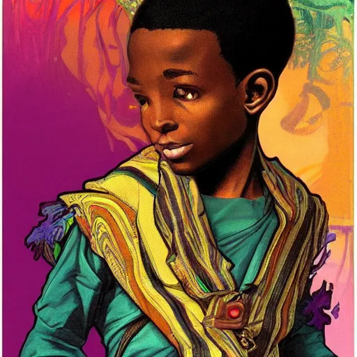 Prompt: colourful upper half caricature portrait of an african boy in magazine collage style, art by drew struzan & alphonse mucha, highly detailed, digital painting, ray tracing, concept art, illustration, smooth sharp focus, intricate, symmetry, artstation,