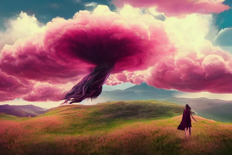 Image similar to giant dahlia flower over head, girl walking on mountain, surreal photography, pink storm clouds, dramatic light, impressionist painting, digital painting, artstation, simon stalenhag