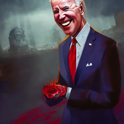 Image similar to joe biden smiling with blood in his face while behind him the world is burning, dramatic lighting, cinematic, establishing shot, extremly high detail, photorealistic, cinematic lighting, artstation, style by James Gurney