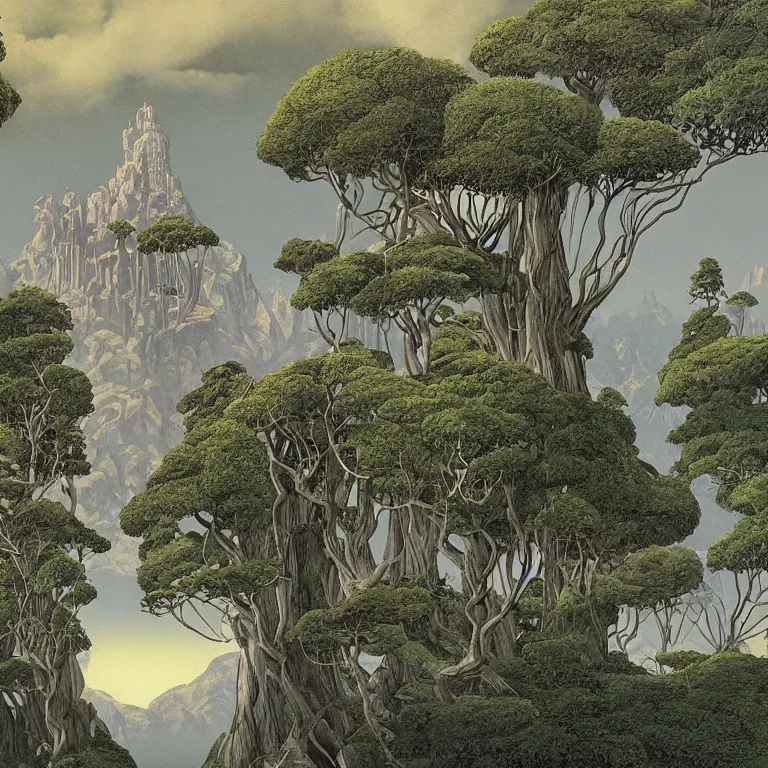 Image similar to a matte painting of a surreal white castle surrounded by exotic trees on a tall mountain by moebius