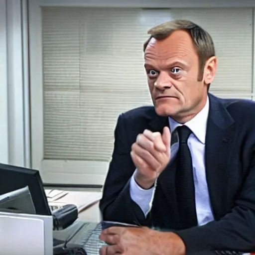 Image similar to Donald Tusk in a still from the american sitcom The Office