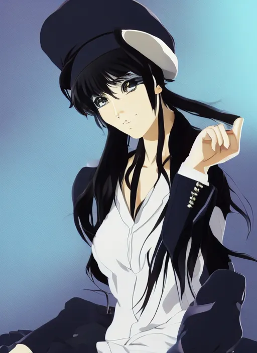 Image similar to key anime visual of a beautiful girl wearing a beige beret and blue shirt; long black hair; in the artstyle of Persona, Persona video game art