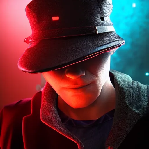 Image similar to a man wearing a hat from the future, cyberpunk background, highly detailed, epic lighting, 8 k