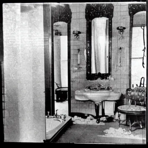 Image similar to a 1 9 5 0 s newspaper photo of a lavish bathroom. the mirror is shattered on the floor