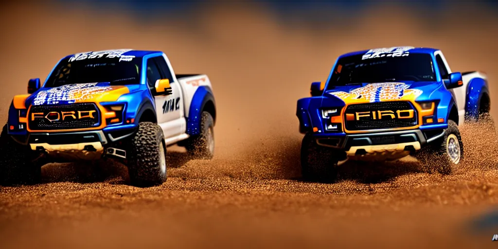 Image similar to Hot Wheels, Ford F-150 Raptor, cinematic, Maxxis, 8k, depth of field, bokeh. DAKAR