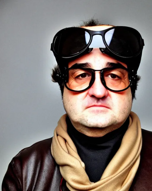Image similar to headshot of john belushi wearing a leather cap and aviator goggles, he is also wearing an a 2 flight jacket, a long white scarf is wrapped around his neck, he has a 5 o'clock shadow, a crazed angry look on his face