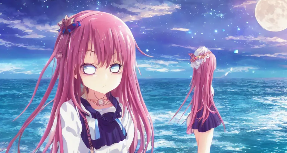 Image similar to one anime girl standing on a pier, blue shiny detailed eyes, looking at the camera, cute, the ocean as background at twilight, big moon above the water, colorful, magical, smooth, extremely detailed, detailed face, 8k, based on Puella Magi Madoka Magica