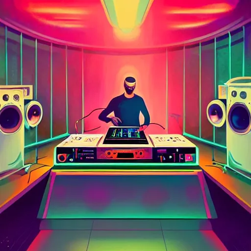 Image similar to a dj creating disco music in an underground lab, surrounded by large retro speakers, digital painting, artstation, ristan eaton, victo ngai, artgerm, rhads, ross draws, anime styled, hd, 4 k