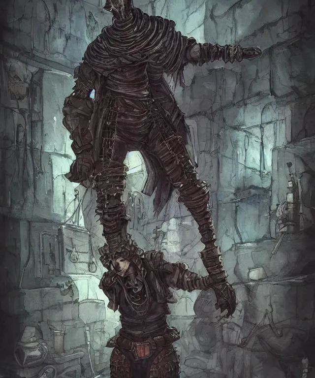 Prompt: a oil / watercolor painting full body character portrait of a necromantic technologist in the style of dark souls in the style of darkest dungeon trending on artstation deviantart pinterest detailed realistic hd 8 k high resolution