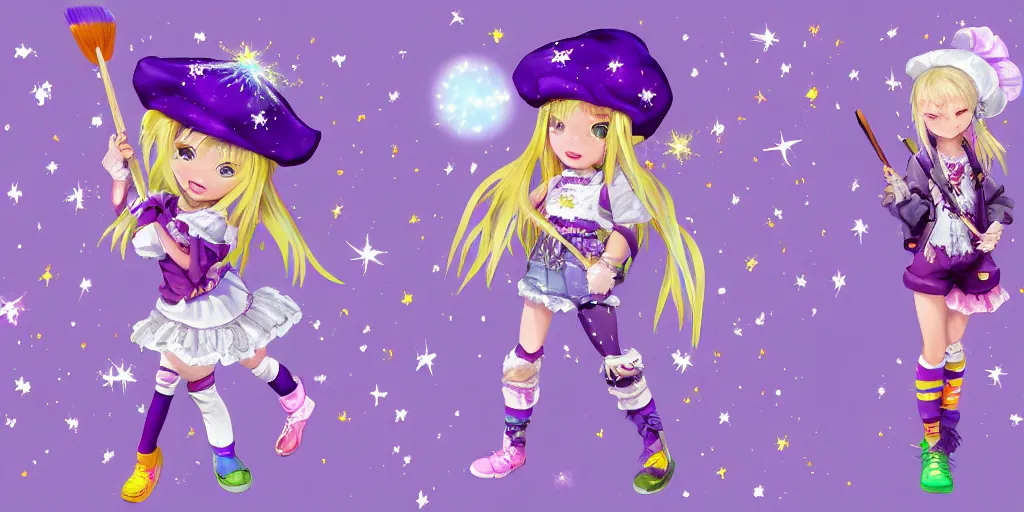 Prompt: A character sheet of a magical girl holding a paintbrush with short blond hair and freckles wearing an oversized purple Beret, Purple overall shorts, jester shoes, and white leggings covered in stars. Rainbow accents on outfit. Concept Art painting. By ZaZa. By WLOP. Decora. harajuku fashion