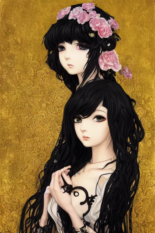 Image similar to portrait of beautiful young gothic anime maiden, cute-fine-face, pretty face, realistic shaded Perfect face, fine details. Anime, cyberpunk, Warhammer, highly detailed, artstation, illustration, art by Ilya Kuvshinov and Gustav Klimt and Gustav Klimt and Gustav Klimt and Gustav Klimt and Gustav Klimt and Gustav Klimt