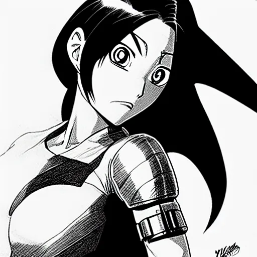 Image similar to alita by yukito kishiro. medium shot. black and white manga. pencil drawing.