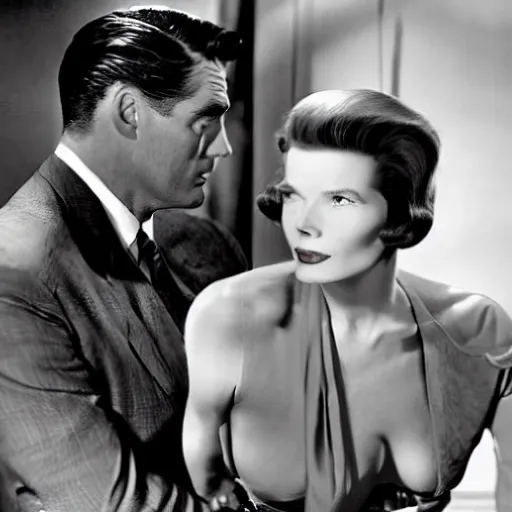 Prompt: Still of Cary Grant and Katharine Hepburn in the Avengers