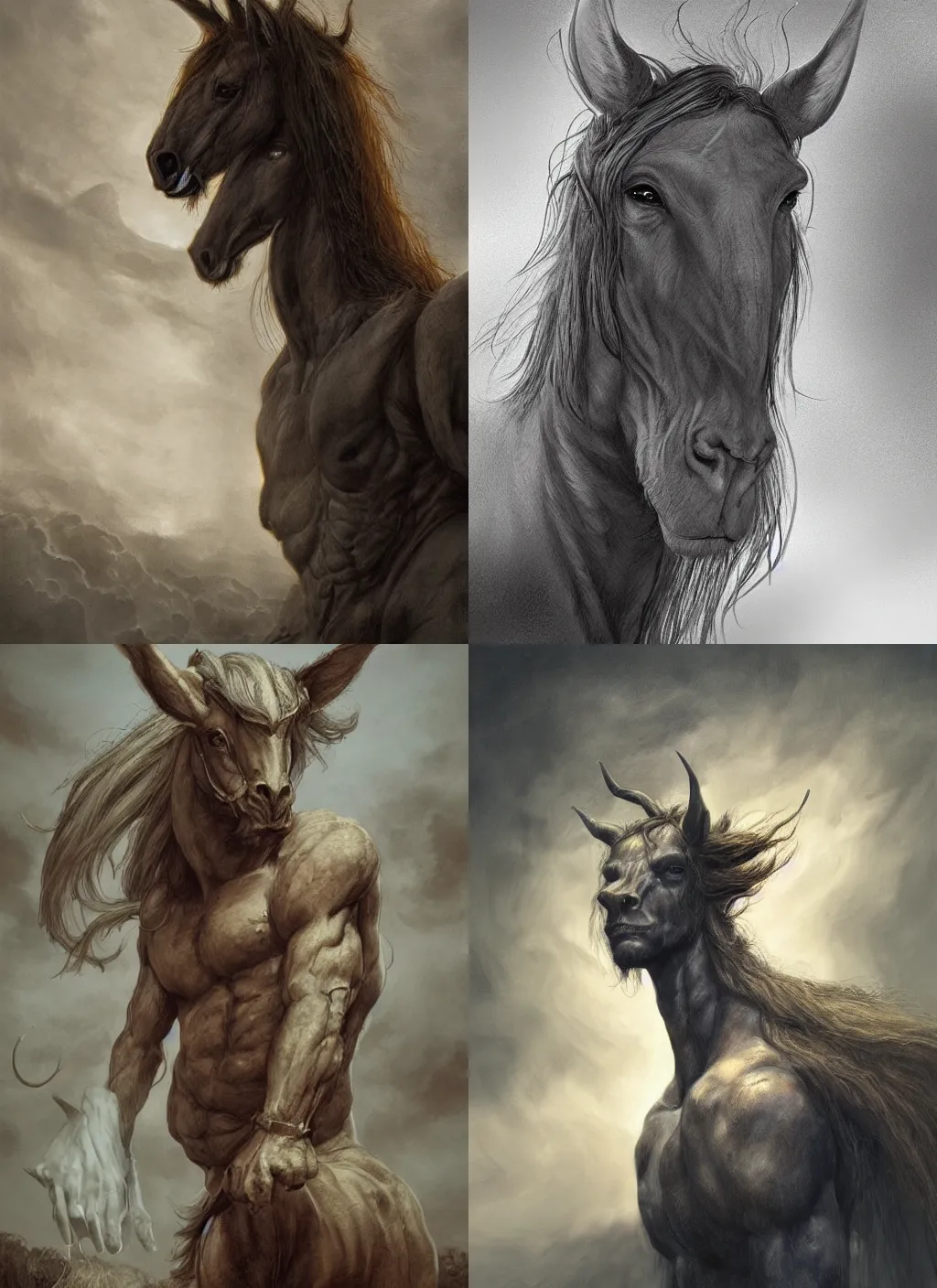 Prompt: portrait of a centaur with long hairs in alan lee and marc simonetti and emil melmoth style , cinematic lighting