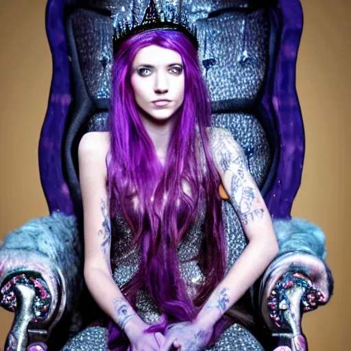 Image similar to A 4k photo of a skinny young woman with purple hair wearing a diamond crown, sitting in a throne in a dark room. Back light