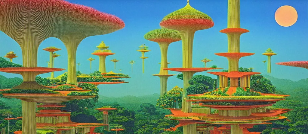 Image similar to huge gargantuan angular dimension of pagoda liminal spaces, temples by escher and ricardo bofill. utopian singaporean landscape by roger dean. magical realism, surrealism, lush sakura trees, waterfalls, thunder, lightning, vaporwave, trending on artstation, shot from below, epic scale