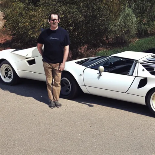 Prompt: man standing, next to white countach Miata