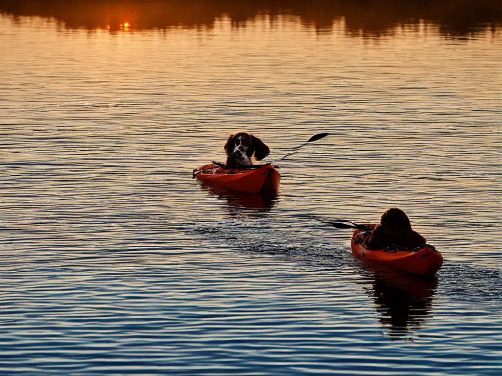 Image similar to a brown springer spaniel stood in a kayak, sunrise, beautiful early light, golden hour