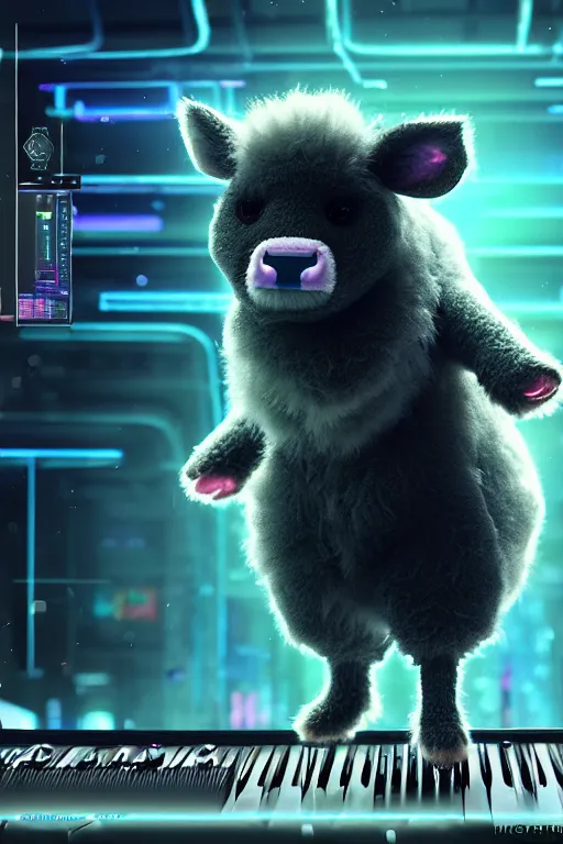 Image similar to high quality 3 d render very cute neuromancer fluffy! mutant cow playing! keyboard!!, highly detailed, unreal engine cinematic smooth, in the style of blade runner & detective pikachu, hannah yata charlie immer, moody light, low angle, uhd 8 k, sharp focus