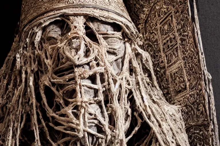 Image similar to mummified pope in his throne at the vatican, desiccated, close - up portrait, tall pontiff hat, mitre, dark, moody, black skin, ornate, hyper realistic, sharp focus, highly detailed, cinematic, dramatic lighting