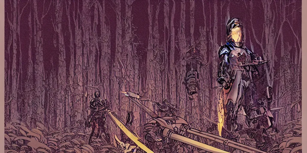 Prompt: grainy risograph, huge floating sword against huge robot machine with three heads, close - up, matte colors, in the dense forest, highly detailed, artstation, intricate - detailed, by moebius, jack gaughan, lehr paul