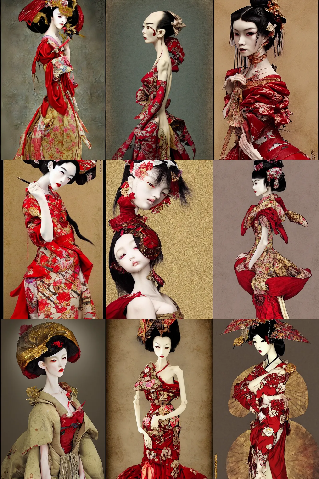 Prompt: avant - garde vogue fashion portrait of an emaciated japanese bjd geisha queen with a long neck in a victorian lolitafashion red dress painted by nekro, alphonse mucha, dark - fantasy, intricate detail, artstation, artgerm, rococo, gold leaf art