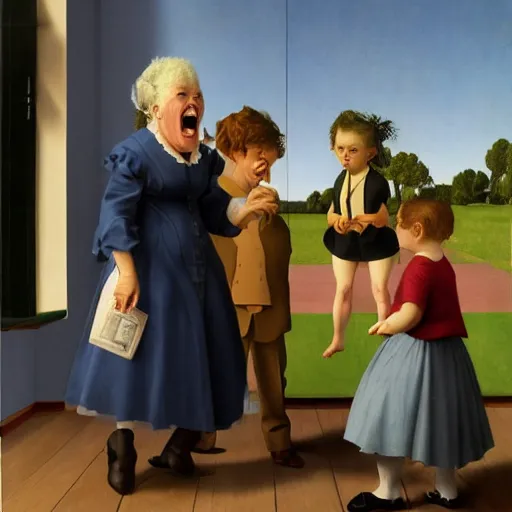 Image similar to a batshit crazy old woman yelling at the kids by Raphael, Hopper, and Rene Magritte. detailed, romantic, enchanting, trending on artstation.