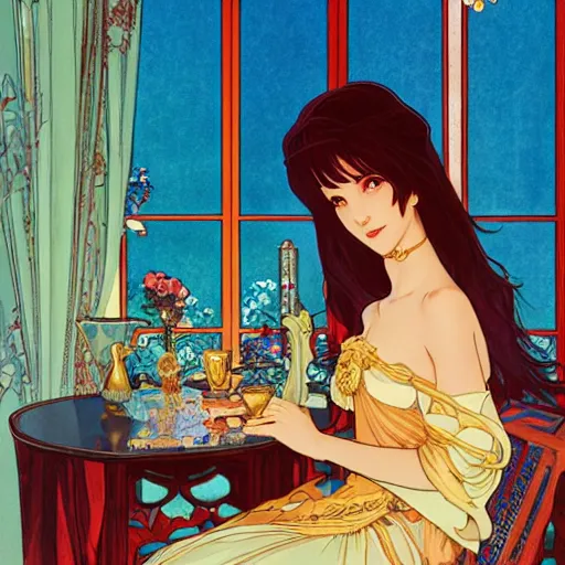 Prompt: Full body portrait of a sorceress sipping tea in her sunlit study, illustration, exquisitely detailed, Ilya Kuvshinov, Hayao Miyazaki, Kazuma Kaneko, Alphonse Mucha