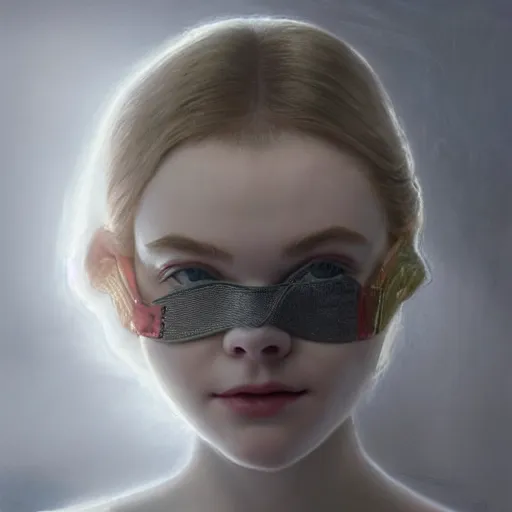 Prompt: Elle Fanning wearing a mask over her eyes in the style of Paola Vetri, head and shoulders portrait, stormy weather, extremely detailed masterpiece, oil on canvas, low-key neon lighting, artstation, Blade Runner 2049, Roger Deakin’s cinematography, by J. C. Leyendecker and Peter Paul Rubens and Edward Hopper and Michael Sowa,