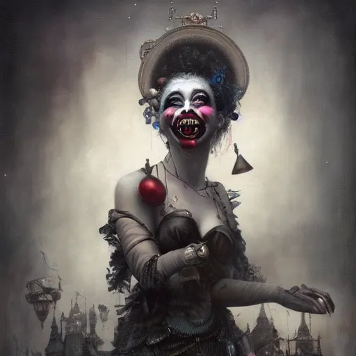 Image similar to By Tom Bagshaw, ultra realist soft painting of a curiosities carnival by night, Female steampunk Clown smiling long tongue dirty teeth and dressed, horror, omnious sky, symmetry accurate features, very intricate details, black and white, volumetric light clouds