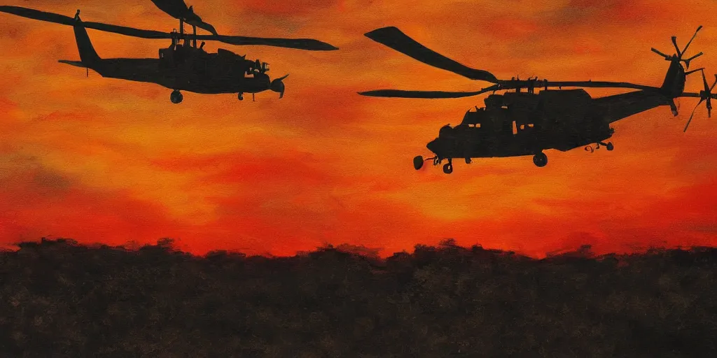 Prompt: Painting of vietnam Huey Helicopters, above a forest, orange sun set, abstract, realism, high details, glow, far, distance, over the horizon, drawn