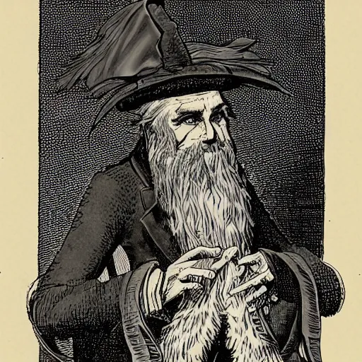 Image similar to A victorian portrait of a crazy wizard with a frizzy , long, gray beard and a chicken perching on top of his hat, dungeons and dragons, fantasy book illustration