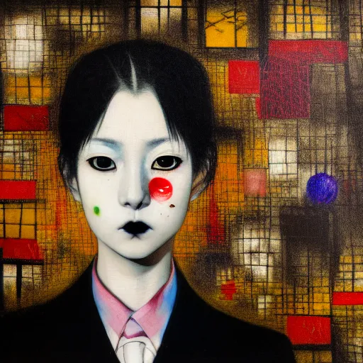 Image similar to yoshitaka amano blurred and dreamy realistic three quarter angle portrait of a young woman with black lipstick and black eyes wearing dress suit with tie, junji ito abstract patterns in the background, satoshi kon anime, noisy film grain effect, highly detailed, renaissance oil painting, weird portrait angle, blurred lost edges