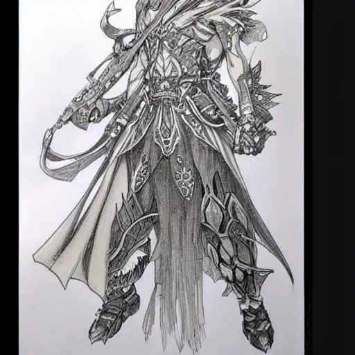 Image similar to a mage from final fantasy 14 drawn by Yoshitaka Amano, intricate, amazing line work