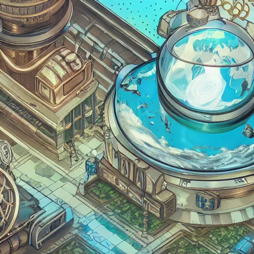 Prompt: isometric steampunk earth on under a glass dome in space, detailed illustration, aerial view, trending on artstation no depth of field