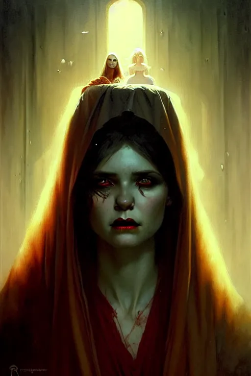 Image similar to young vampire woman portrait by anna podedworna, greg rutkowski, gaston bussiere, simon bisley