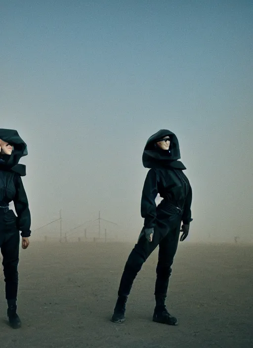 Image similar to cinestill 5 0 d photographic portrait of two loving clones, techwear women on a desolate plain with a red sky, a brutalist dark metal facility in the background, dust storm, depth of field, 4 k, 8 k, hd, full color