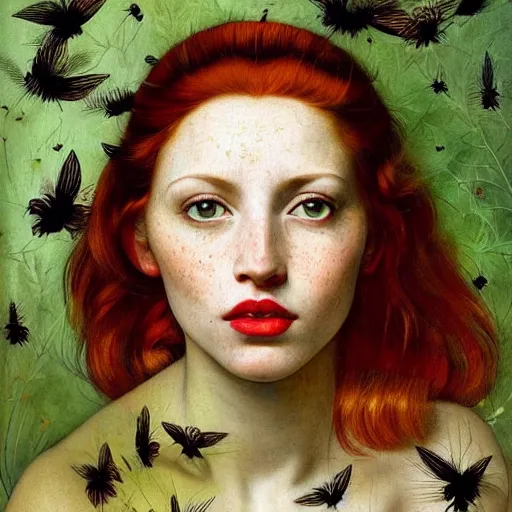 Prompt: a highly detailed portrait of a red haired young woman, among golden fireflies and nature, deep green eyes, hint of freckles, round gentle face, cheeky smile with red lips, deep focus, smooth, sharp, golden ratio, elegant, hyper realistic art by artemisia lomi gentileschi, caravaggio and sakimichan