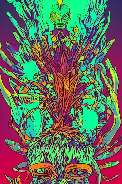 Image similar to animal mask totem roots flower tribal feather gemstone plant wood rock shaman vodoo video game vector cutout illustration vivid multicolor borderlands comics by josan gonzales and dan mumford radiating a glowing aura