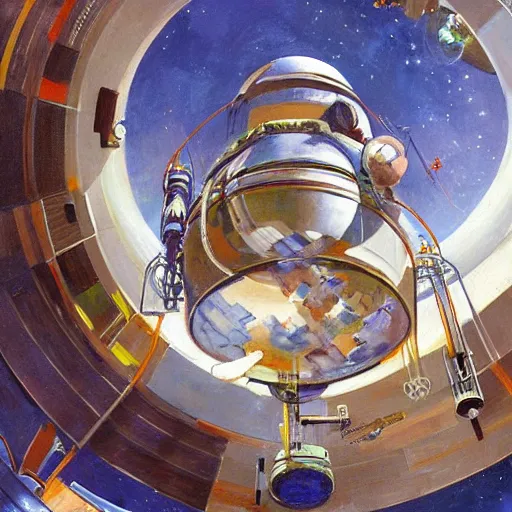 Prompt: a highly detailed beautiful portrait of circular space station with elevator connected to earth, by gregory manchess, james gurney, james jean