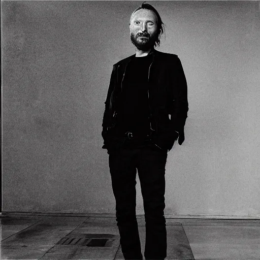 Prompt: Smiling Thom Yorke, with a beard and a black jacket, a portrait by John E. Berninger, dribble, neo-expressionism, uhd image, studio portrait, 1990s