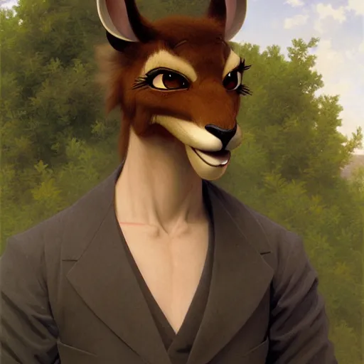 Image similar to a portrait of an anthropomorphic gazelle, furry fursona, in the style of william - adolphe bouguereau and hayao miyazaki and masamune shirow, extremely detailed, wlop