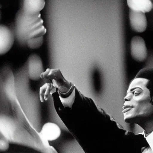 Image similar to cinematic still of Michael Jackson preaching at a Baptist Church in Atlanta in 1989, close up, shallow depth of field, cinematic