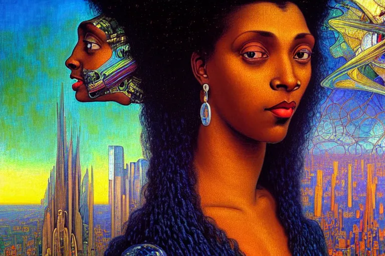 Prompt: realistic extremely detailed closeup portrait painting of a beautiful black woman in a dress with supercomputer alien, city street on background by Jean Delville, Amano, Yves Tanguy, Ilya Repin, Alphonse Mucha, Ernst Haeckel, Edward Hopper, Edward Robert Hughes, rich moody colours