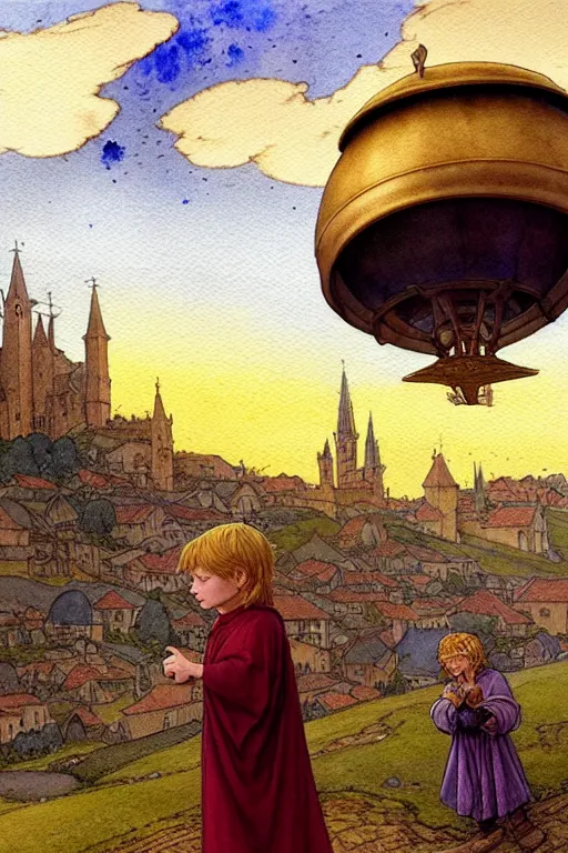 Prompt: a hyperrealist watercolor concept art of an elegant golden ufo in the sky above a small medieval town. one single dirty medieval peasant child is in the foreground pointing up at the sky. very muted colors, by rebecca guay, michael kaluta, charles vess. high detail, hq, wide shot, 4 k