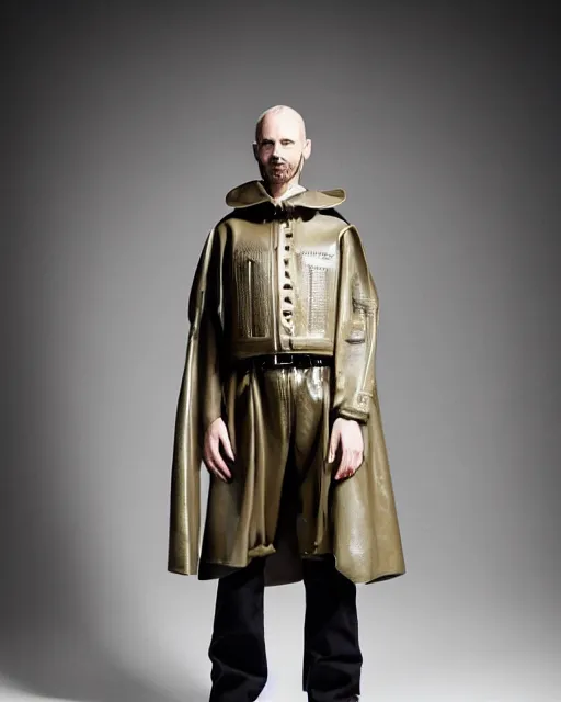 Image similar to an award - winning editorial photo of an irradecent extremely baggy but cropped ancient medieval designer menswear leather police jacket with an oversized large collar and baggy bootcut trousers designed by alexander mcqueen, 4 k, studio lighting, wide angle lens