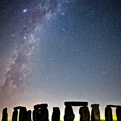 Prompt: 8 hrs shot over 3 nights of the perseid meteor shower over stonehenge