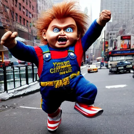 Prompt: giant chucky doll attacking new york city and causing destruction, people running in terror